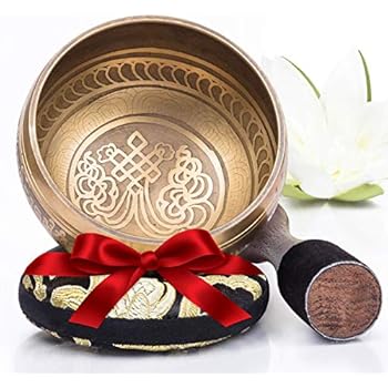 Silent Mind ~ Tibetan Singing Bowl Set ~ Bronze Mantra Design ~ With Dual Surface Mallet and Silk Cushion ~ Promotes Peace, Chakra Healing, and Mindfulness ~ Exquisite Gift