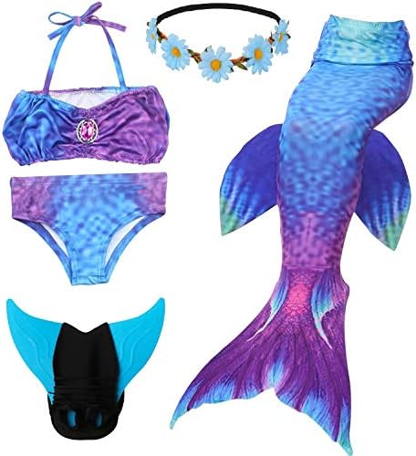 5 Piece Mermaid Tail Swimmable with Removable Fin Included Monofin and Flower Headband, Wet/Dry Outfit for Kids and Teens