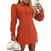 CHICME Women Shirt Dress Long Sleeve Button Down Blouses Side Drawstring Mini Dresses