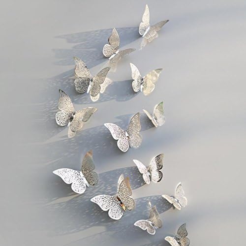 Nesix DIY Wall Stickers, 12 Pcs 3D Hollow Butterfly Wall Stickers Removable Art Mural Home Kitchen Fridge Decor Wallpaper Decal Supply (C: Sliver)