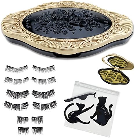 2018 Diva Edition PLUS - All in one 3 Styles 12 Pcs Premium Magnetic Eyelashes in Elegant Mirror Case plus FREE Eyelash Applicator, Eyeliner Cards &amp; Travel Cosmetic Bag