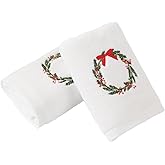 Absnuopt Christmas Wreath Embroidered White Hand Towel Set of 2 Winter Holiday Decorative Ultra Absorbent 100% Cotton Super Soft Luxury Bathroom Hand Towels Elegant Wreath Welcome Gift 13 x 29 Inch