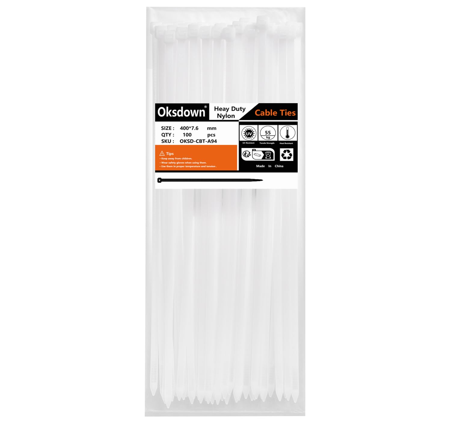 Oksdown 100 Pack White Thick Cable Ties Heavy Duty Large 400mm×7.6mm Strong Nylon Plastic Self Locking 16 inch/40 cm Extra Long Clear Zip Tie Wraps