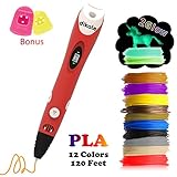 3D Pen with PLA Filament Refills - Dikale 07A【Newest Version】3D Pen Bonus 12 Colors 120 Feet PLA 250 Stencils eBooks for Kids Adults Arts Crafts Model DIY, Non-Clogging