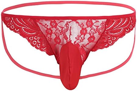 Freebiy Men's Lace Jockstrap Briefs Sissy Pouch Panties Crossdress Underwear Lingerie Red X-Large (Waistline 29.0-41.0")