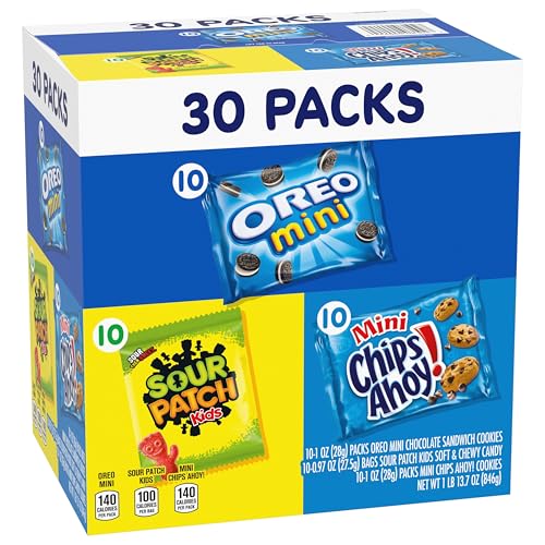 NABISCO COOKIES AND CANDY VARIETY PACK, SOUR PATCH KIDS SOFT & CHEWY GUMMY CANDY, OREO MINIS AND CHIPS AHOY! MINIS COOKIES, 30 SNACK PACKS