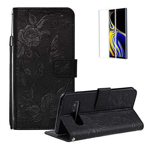 Funyye Wrist Strap Leather Cover for Samsung Galaxy S10,Black Magnetic Flip Butterfly Embossing Flower Pattern Folio Wallet Case with Stand Credit Card Holder Slots Case for Samsung Galaxy S10