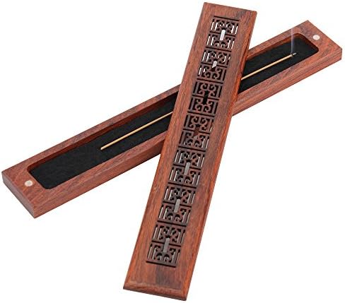 Incense Stick Holder and Equipped with Fireproof Cotton for Burning Out Safely, Redwood Handmade, Design Magnet Switch and Cover Carved Pattern, Size:9.53x1.38x0.87 Inches (Auspicious Models)