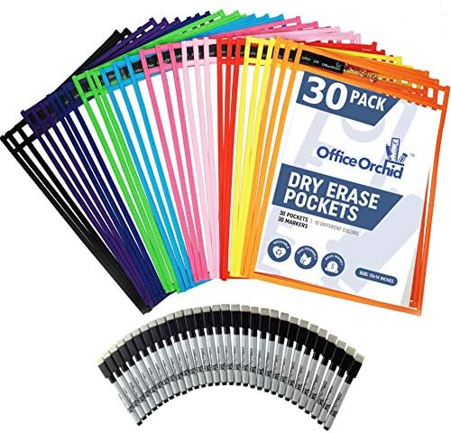 Dry Erase Pockets Reusable Sleeves by Workplace Orchid – Heavy Responsibility Outsized 10″ x 14″ – 30 Pockets Assorted Colours + 30 Pens + 500 Worksheets – College or Work – Sheet Protectors or Ticket Holders