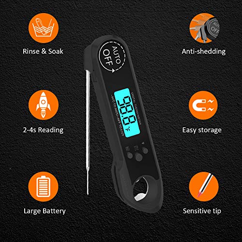 Meat Thermometer,Cuteadoy IP67 Waterproof Fast Folding Digital Instant Read Thermometer BBQ Thermometer with Calibration and Backlit Function Cooking Thermometer for Food,Milk,Grill,Bath (Black) - Thumbnail 5