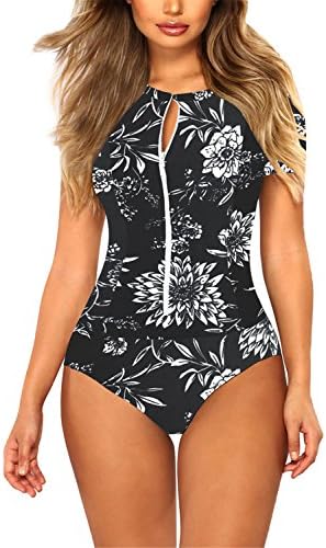 Viottis Women's Zip-up Short Sleeve Pad One-Piece Swimsuit Rash Guard S Black