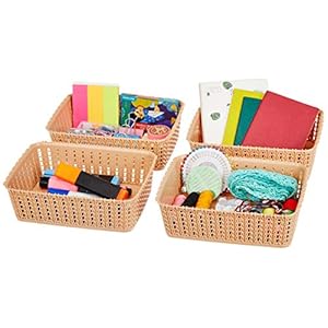 Amazon Brand – Solimo Storage Basket, Set of 4, Small, Biege, Plastic