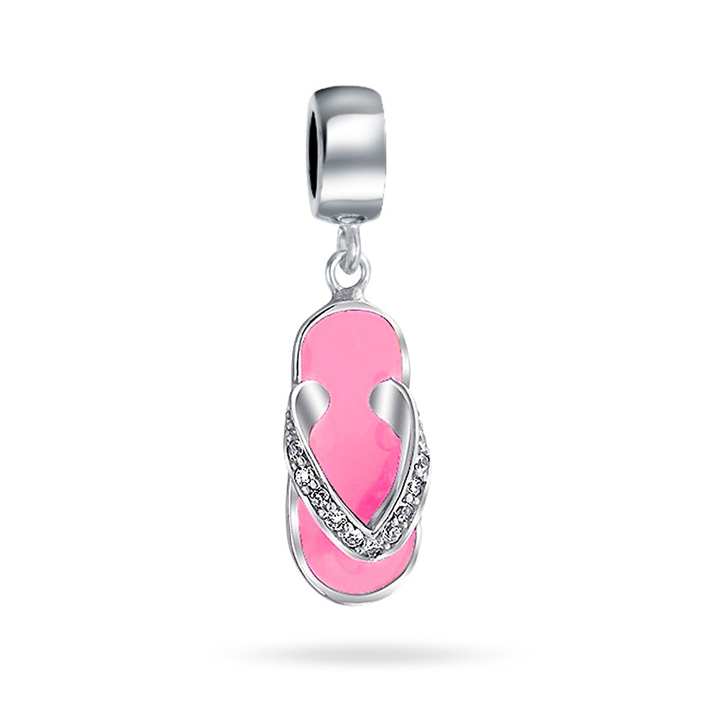 Bling Jewelry Vacation Flip Flop Sandal Pink CZ Dangle Travel Charm Bead For Women Sterling Silver Fits European Bracelet