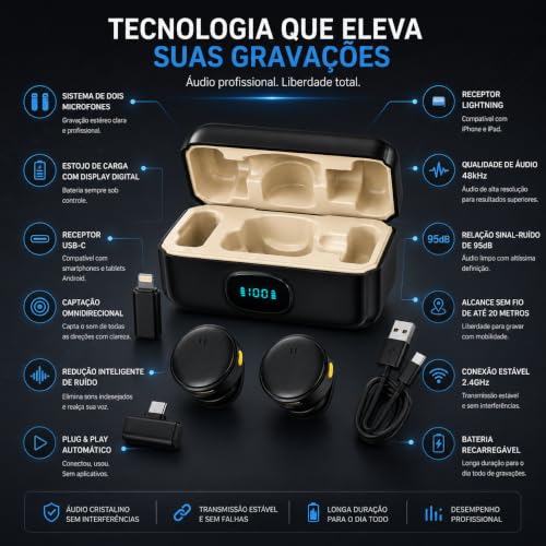 Microfone de Lapela Sem Fio com Estojo de Carregamento, 2 Microfones, USB-C e Lightning, Redução de Ruído ENC, Plug and Play, 20m de Alcance para iPhone, Android, Notebook, Tablet e Câmera