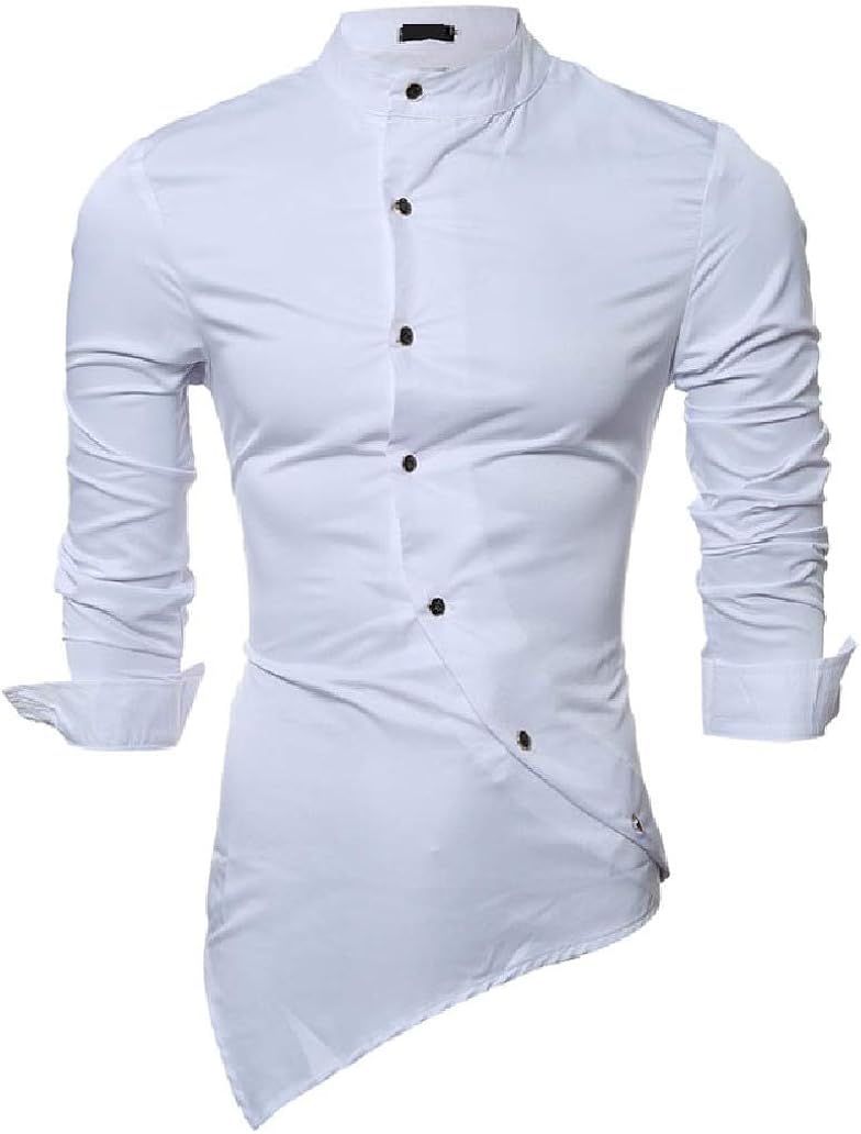 DressUMen mens Stand up Collar Asymmetric Hem Long Sleeve Solid Satin Silm Fit Shirts XL White 