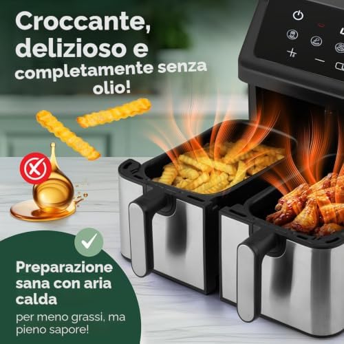 ProfiCook® Friggitrice ad aria calda 2 camere | Friggitrice ad aria | 9 litri | Frittura senza grassi | Friggitrice ad aria calda | Vasca antiaderente | PC FR 1296 H