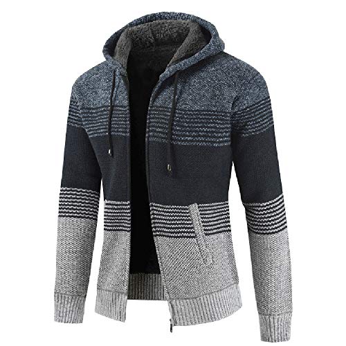 Autumn Winter Packwork Hooded Zipper Jacket Knit Cardigan Long Sleeve Coat Men Blue