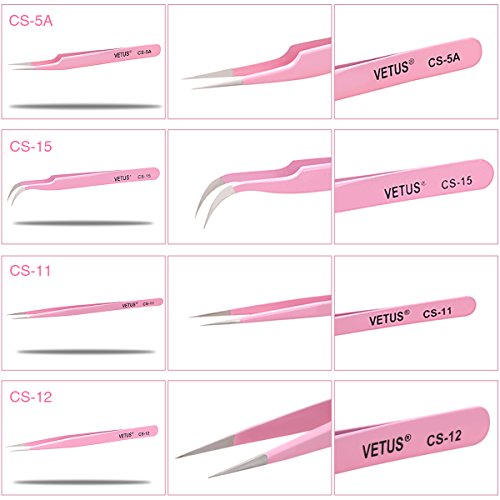 LuckyFine - 4 Pcs Tweezers Set Anti-Static Tweezers Stainless Steel Tweezers for Eyelash Extension,Electronics, Jewelry-making - Straight and Curved Tip Tweezers - Pink - Thumbnail 3