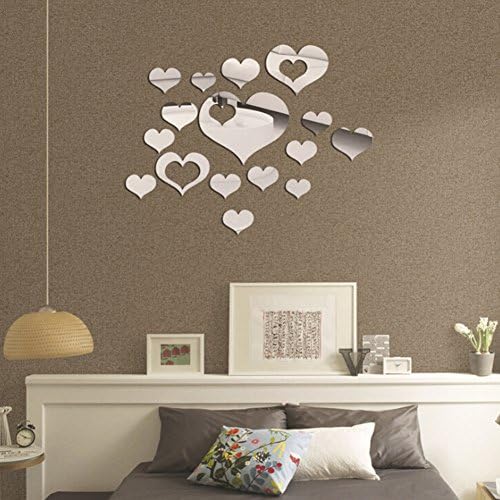 Yusylvia 16Pcs Wall Stickers Heart Wall Sticker For Home Bedroom Office Decoration Removable Wall Sticker (Silver)