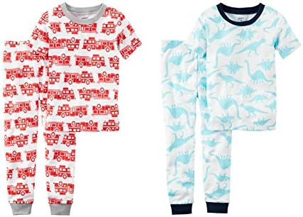 Carter's Toddler and Big Boys 4 Piece Snug Fit Cotton Pajamas (5T, Blue Dinosaurs and Red Fire Trucks)