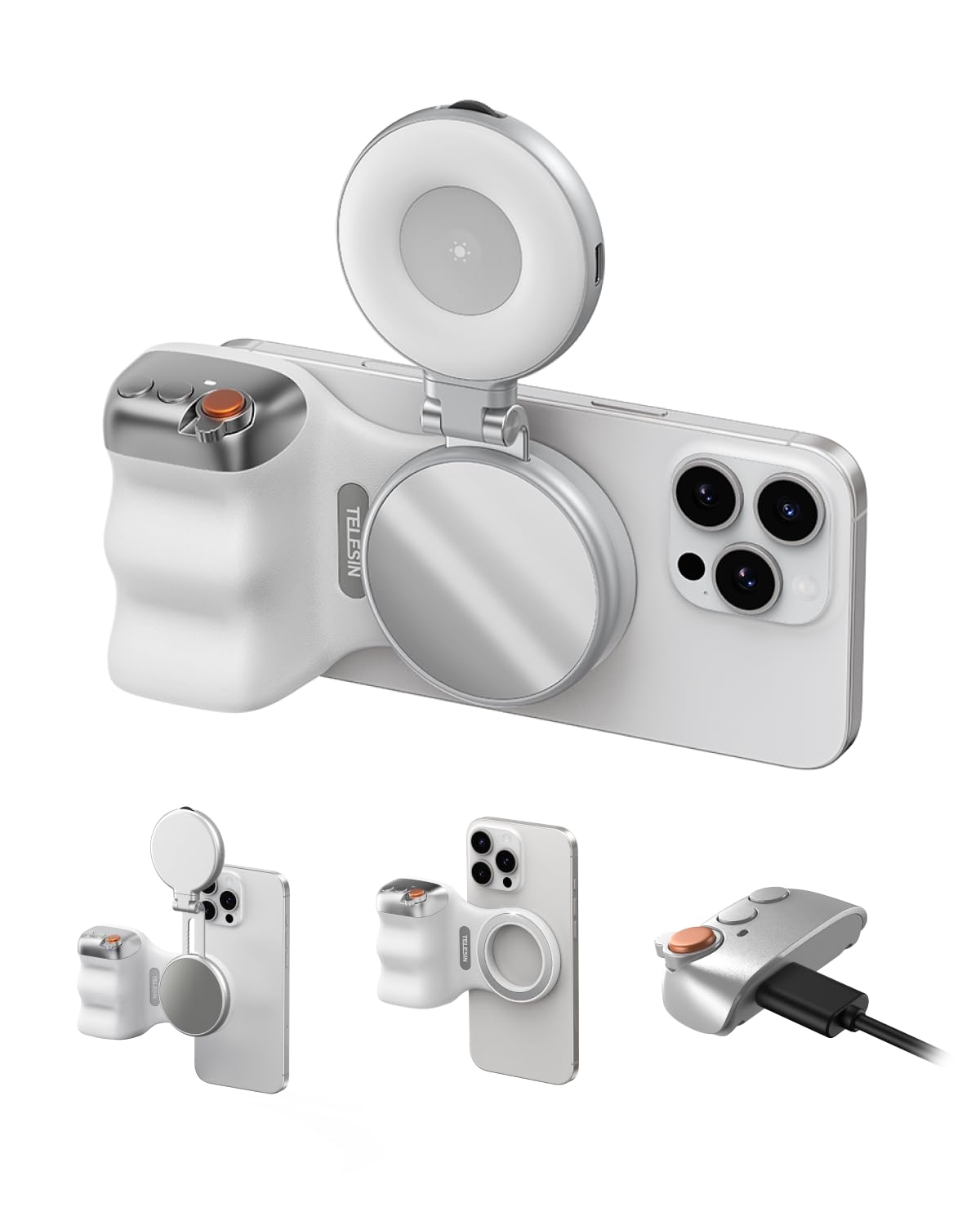 TELESIN Fun Shot Magnetic Phone Camera Grip + C03 Magnetic Selfie Light (Silver) Bundle Kit Compatible with iPhone Magsafe & Android, Creator Kit for Selfies/Photography/TikTok/Zoom Calls/Video
