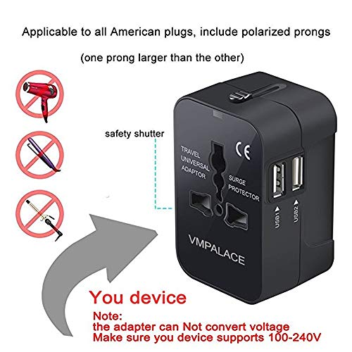 Travel Adapter, VMpalace Worldwide All in One Universal Power Converters Wall AC Power Plug Adapter Power Plug Wall Charger with Dual USB Charging Ports for USA EU UK AUS Cell phone laptop
