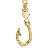 JewelryWeb 12.55mm 10k Solid Yellow Gold 3-d Large Animal Sealife Fish Hook With Rope Charm Pendant Necklace for Women