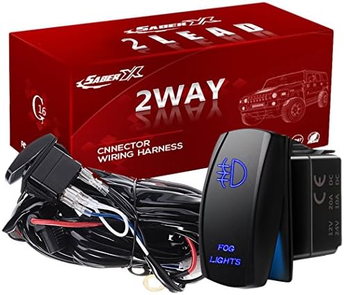 SABER X 2 Lead Rubicon LED Offroad Light Bar Wiring Harness Kit SPDT 40Amp/12V Fuse Relay On-off "Fog Light" Laser Rocker Switch Blue (12FT) Fit Triumph Tundra Yamaha Driving Lights