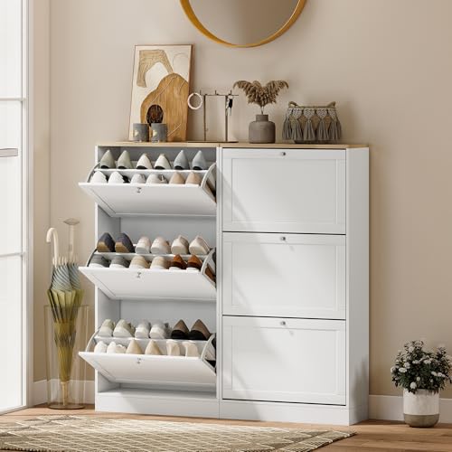 HOMCOM Narrow Shoe Cabinet with 3 Flip Drawers, Adjustable Shelves, White | Shoe Storage Cabinet, Hallway, Entryway, Holds 12-18 Pairs