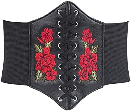 Corsets and Bustiers Gothic Embroidery Underbust Corset Elastic Cinch Waist Belt Floral (Black)