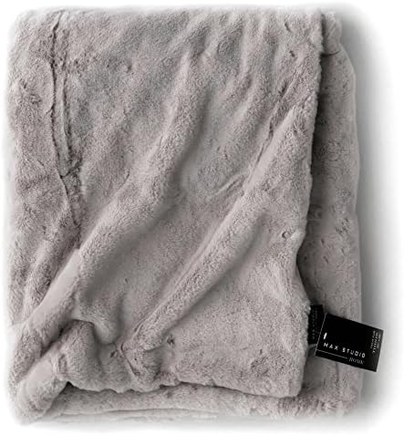 Modern Faux Fur Throw By Max Studio Plush Lightweight Blanket in Beige Tan Gray (Grey)
