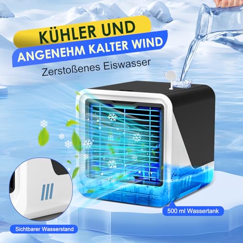 Portable Air Conditioner, 3 in 1 Tubeless Air Cooler, USB Quiet Fan with Water 500ml, 3 Speeds, 7 Colors Light, Small Evaporative Air Conditioner for Bedroom and Office