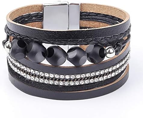 Womens Leather Cuff Bracelet - Braided Wrap Bangle Handmade Multi Layer Jewelry with Alloy Magnetic Clasp - Bohemian Style