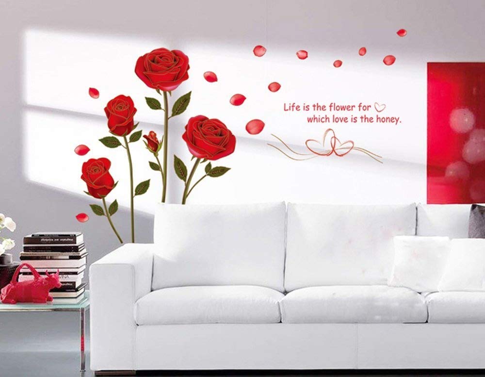 ufengke® Romantic Red Rose Flowers Wall Decals, Living Room Bedroom Removable Wall Stickers Murals