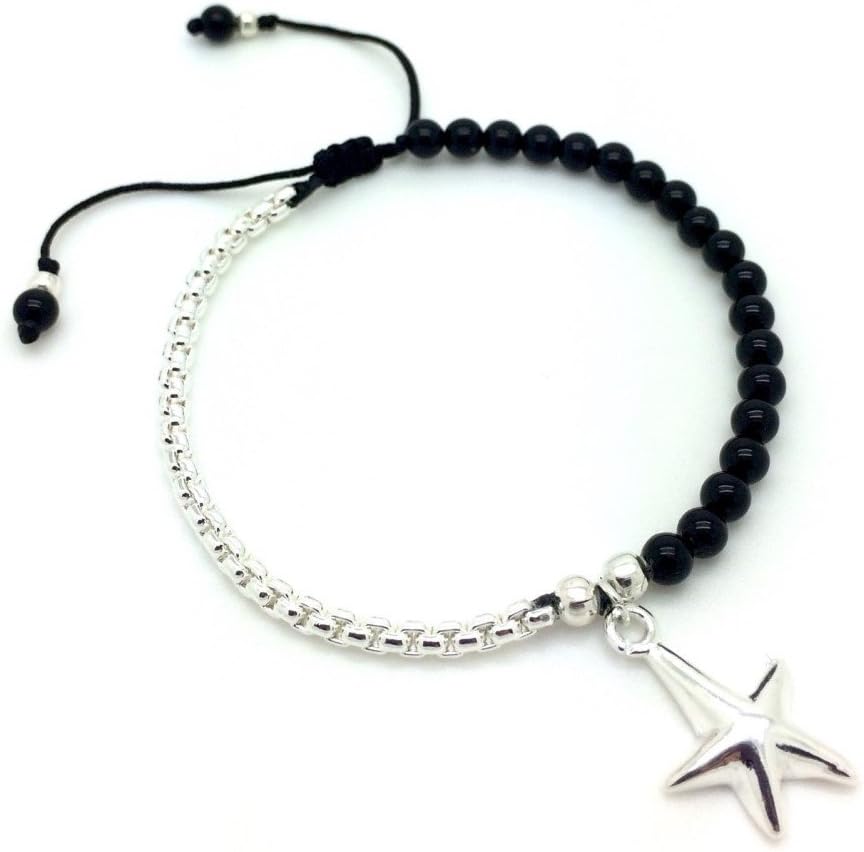 JUST GEMSTONES BLACK ONYX SILVER STAR CHAIN FRIENDSHIP BRACELET - ADJUSTABLE