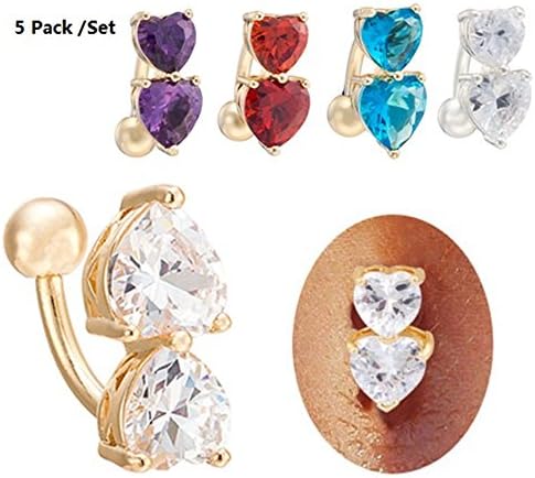Codear 5 Pcs --14G Heart Belly Button Ring Sexy Sparkly Zirconia Navel Bars Body Piercing Jewelry Good Choice for Gift Prom Dance Party - Two Heart