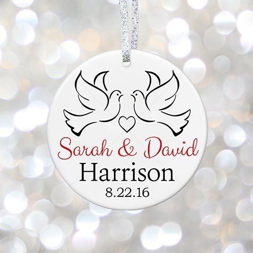 Personalized Married Anniversary Christmas Ornament, Religious Anniversary Gift - 3" Flat Circle Porcelain Ceramic Ornament - Gold &amp; Silver Ribbon | PGM-OR-06b