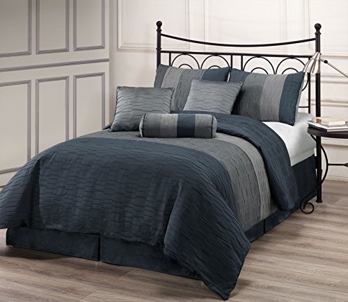 ZADOOTH Queen Size 7 Piece Comforter Set Slate Blue, Charcoal Grey, Silver Stripe Bedding