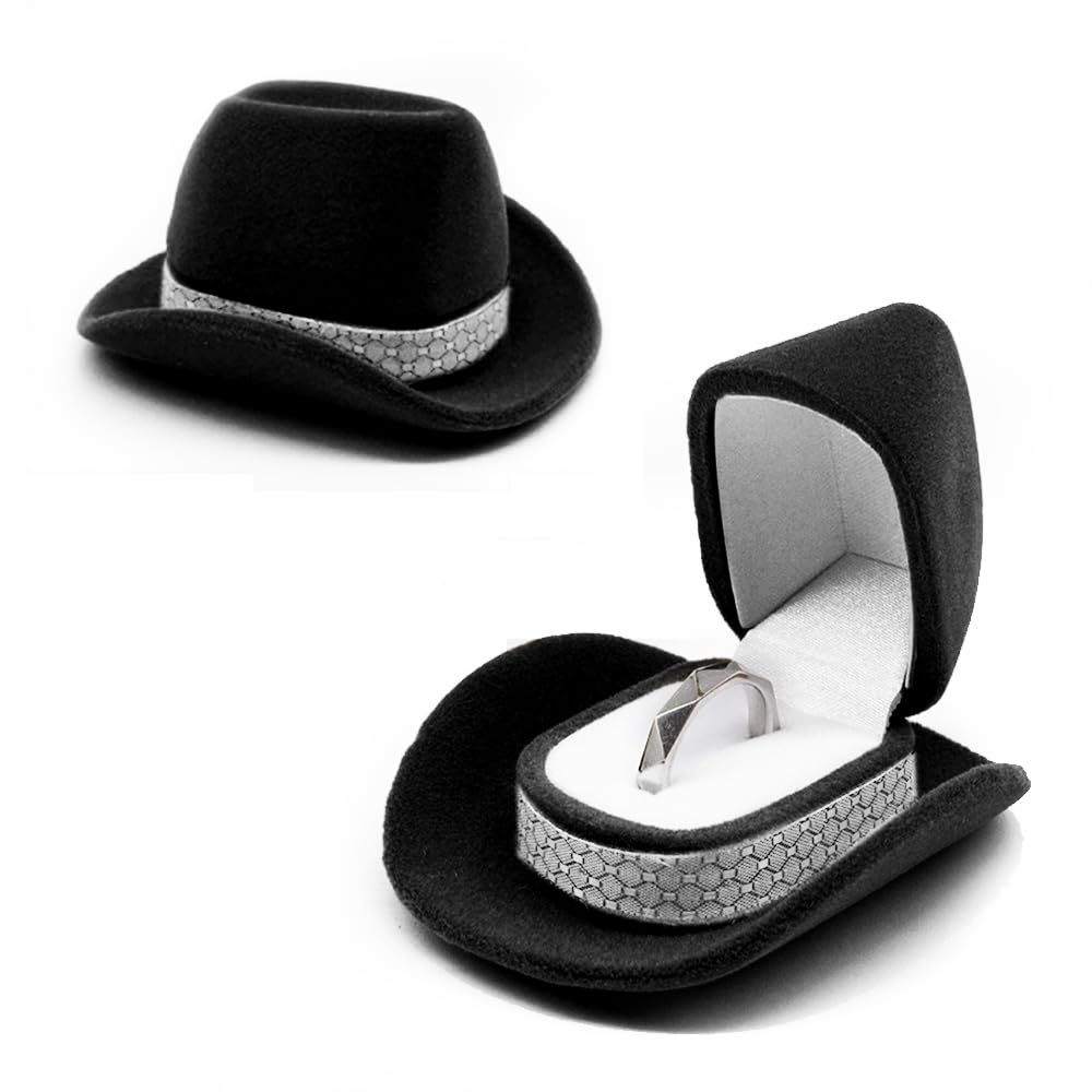 Photo 1 of muchly Creative Cowboy Hat Jewelry Box, Velvet Ring Box, Western Cowboy Hat Jewelry Box, Vintage ring box for wedding ceremony, Engagement(Black)