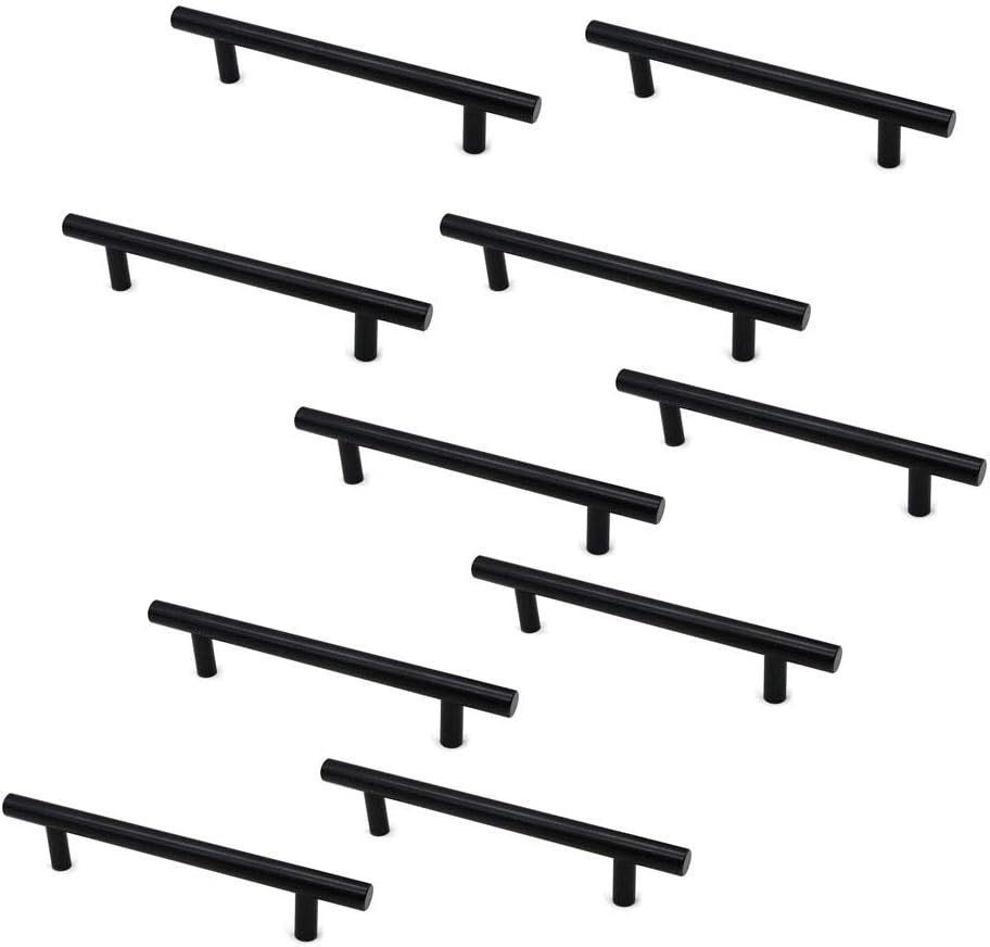 Set of 10 NUZAMAS Matt Black Cabinet Door T-Handles and Pulls, Furniture Drawer Handles, Zinc Alloy, 177mm Long