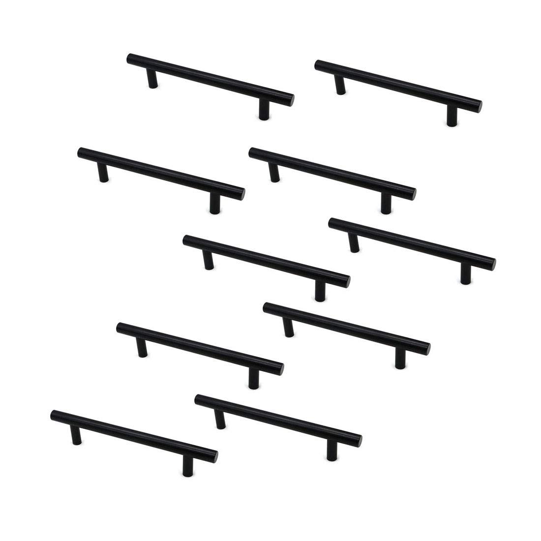 Set of 10 NUZAMAS Matt Black Cabinet Door T-Handles and Pulls, Furniture Drawer Handles, Zinc Alloy, 177mm Long, Kitchen Cabinet Wardrobe Knobs Bars, Center to Center 128mm