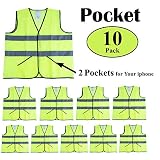 CIMC Yellow Reflective Safety Vest with Pockets, 10 Pack, Bright Construction Vest with Reflective Strips,Made from Breathable and Neon Yellow Mesh Fabric,High Visibility Vest for Working Outdoor