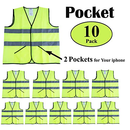 CIMC Yellow Reflective Safety Vest with Pockets, 10 Pack, Bright Construction Vest with Reflective Strips,Made from Breathable and Neon Yellow Mesh Fabric,High Visibility Vest for Working Outdoor