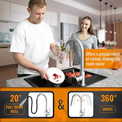 APPASO Grifo de cocina con rociador extraíble de níquel cepillado, grifo monomando de cuello de cisne moderno para fregadero con placa opcional de acero inoxidable