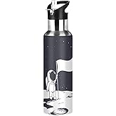 ZOEO Astronaut Water Bottle with Straw Lid Black Spaceship Mars Kids Insulated Stainless Steel Water Flask Sports, 20 Oz Hot Cold