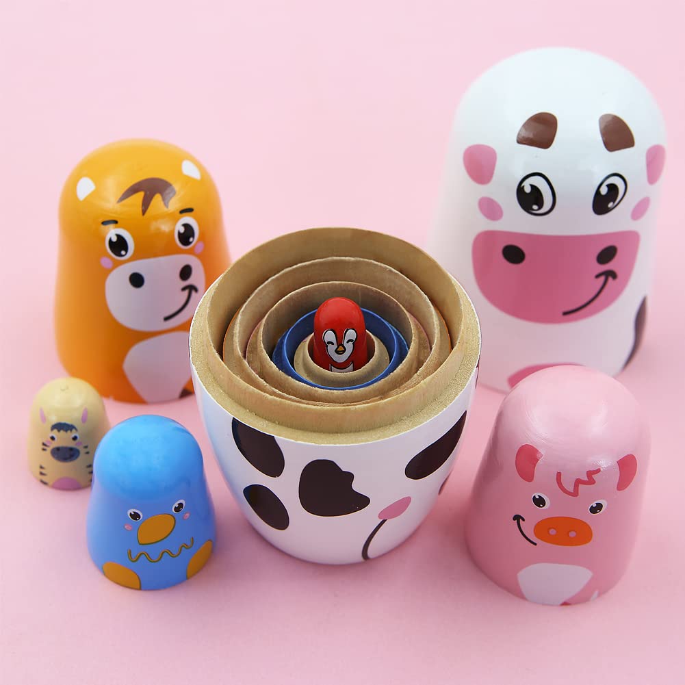 Winterworm Set of 6 Farm Animal Nesting Dolls Cow Cattle Pig Chick Horse Bird Wooden Russian Doll Wooden Matryoshka Dolls for Easter Christmas Birthday Kids Stacking Toy Gift Home Decoration