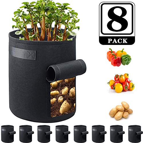 JERIA 8-Pack 7 Gallon Potato Grow Bags w/Access Flap and 8 Pcs Plant Lables, Aeration Fabric Pots with Handles（Black）