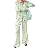 VFURYGD Women Bow Pajamas Long Sleeve Button Down Shirt Top Loose Pants Holiday Sleepwear Cute 2 Piece Sets