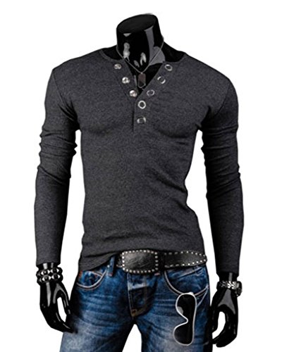 Mens long sleeve slim fit henley shirts,dark grey,medium