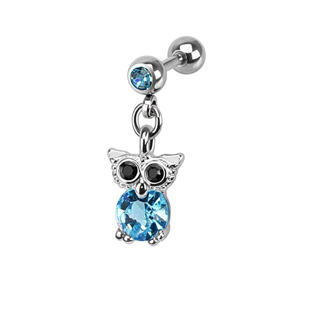 PiercedOff 316L Surgical Steel Externally Threaded 1.2mm Cartilage Barbell with Aqua CZ Owl Dangle